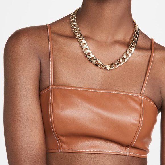 STAUD Bomber Vegan Leather Bralette Top in Whiskey - Picture 1 of 16